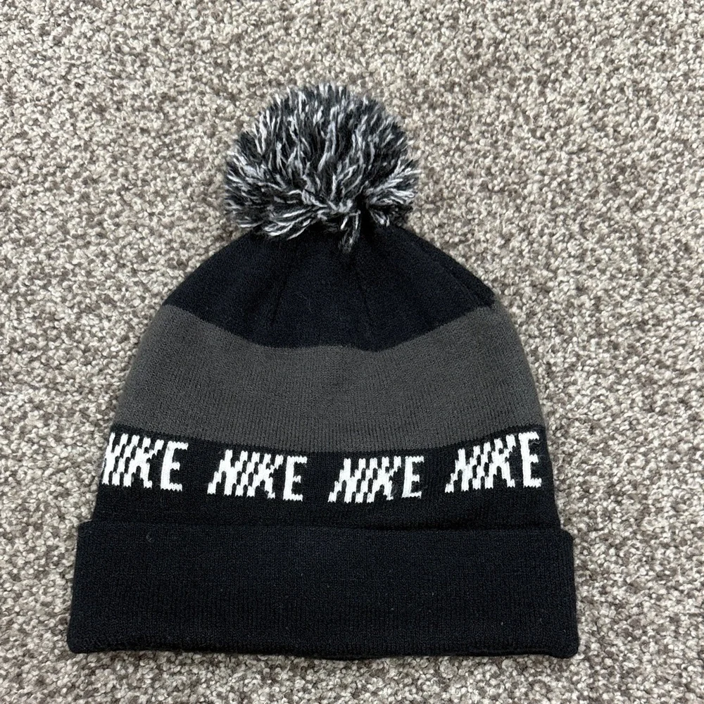 Nike Black and Gray Knit Beanie with Pom
